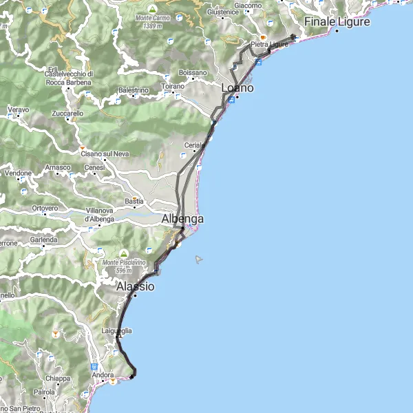 Map miniature of "Road Cycling Adventure near Borgio" cycling inspiration in Liguria, Italy. Generated by Tarmacs.app cycling route planner