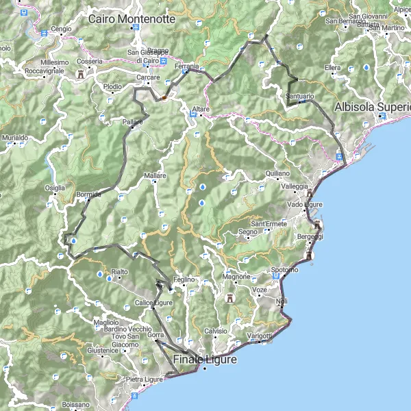 Miniaturní mapa "Okruh kolem Borgio" inspirace pro cyklisty v oblasti Liguria, Italy. Vytvořeno pomocí plánovače tras Tarmacs.app