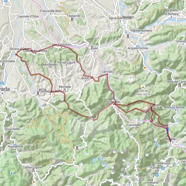 Miniaturní mapa "Gravel Route od Busalla" inspirace pro cyklisty v oblasti Liguria, Italy. Vytvořeno pomocí plánovače tras Tarmacs.app