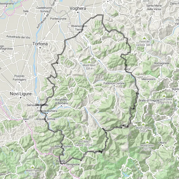 Miniaturní mapa "Cyklotrasa Busalla - Fortunago" inspirace pro cyklisty v oblasti Liguria, Italy. Vytvořeno pomocí plánovače tras Tarmacs.app