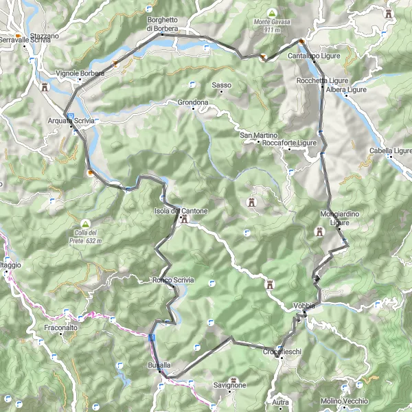 Zemljevid v pomanjšavi "Bric del Regno Circuit" kolesarske inspiracije v Liguria, Italy. Generirano z načrtovalcem kolesarskih poti Tarmacs.app