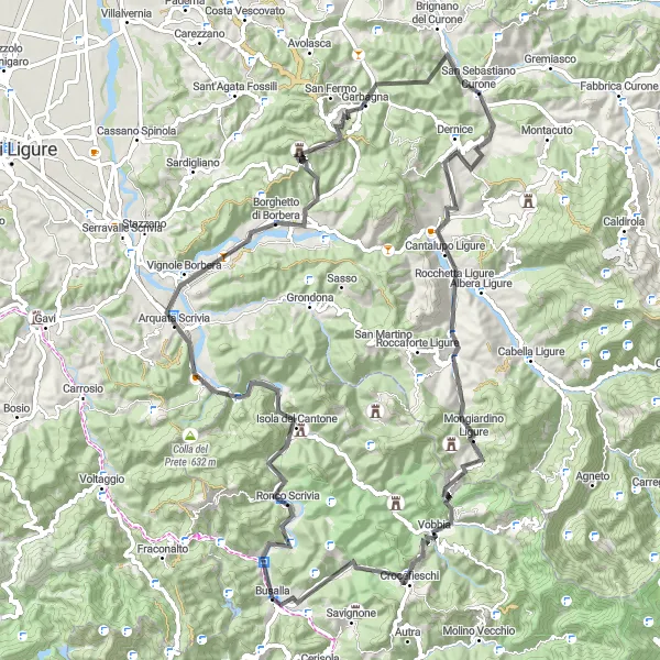 Map miniature of "Road Cycling Route to Arquata Scrivia" cycling inspiration in Liguria, Italy. Generated by Tarmacs.app cycling route planner