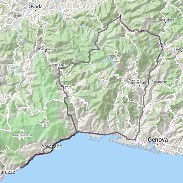 Map miniature of "From Busalla to Monte Bricchetto and Back" cycling inspiration in Liguria, Italy. Generated by Tarmacs.app cycling route planner