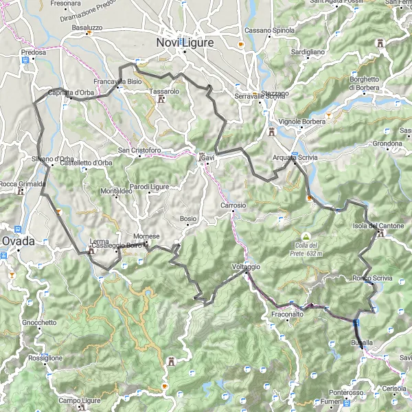 Map miniature of "Road Cycling Journey to Capriata d'Orba" cycling inspiration in Liguria, Italy. Generated by Tarmacs.app cycling route planner