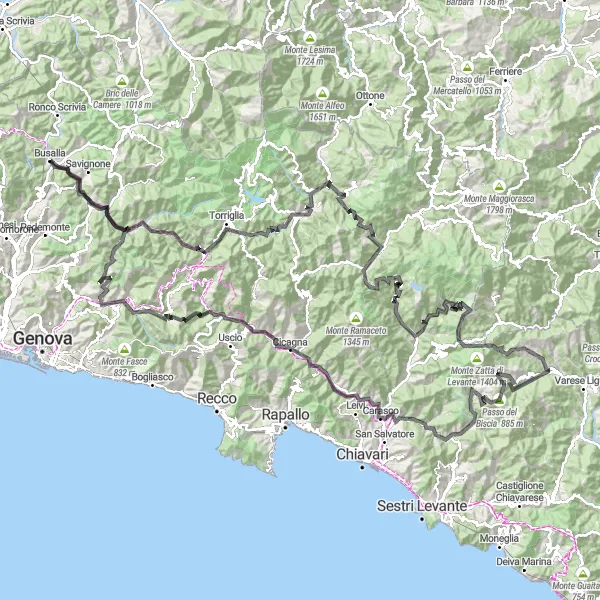 Miniature de la carte de l'inspiration cycliste "Parcours Routier des Montagnes de Ligurie" dans la Liguria, Italy. Générée par le planificateur d'itinéraire cycliste Tarmacs.app