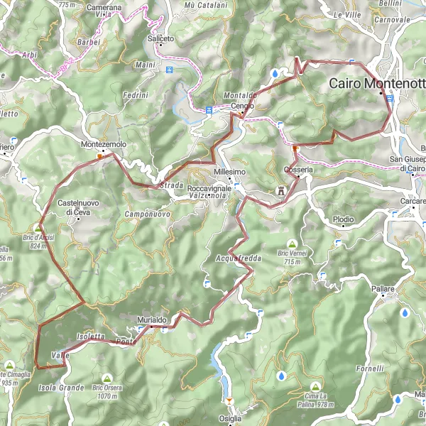 Karten-Miniaturansicht der Radinspiration "Faszinierende Schottertour durch die Natur um Cairo Montenotte" in Liguria, Italy. Erstellt vom Tarmacs.app-Routenplaner für Radtouren