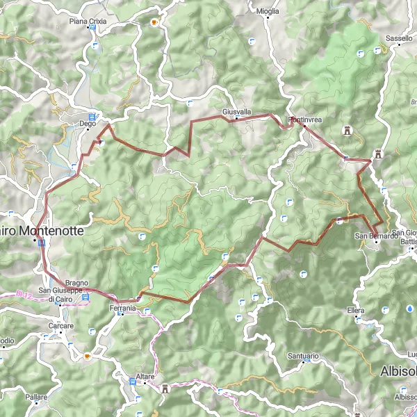 Miniatua del mapa de inspiración ciclista "Ruta de grava a Dego" en Liguria, Italy. Generado por Tarmacs.app planificador de rutas ciclistas
