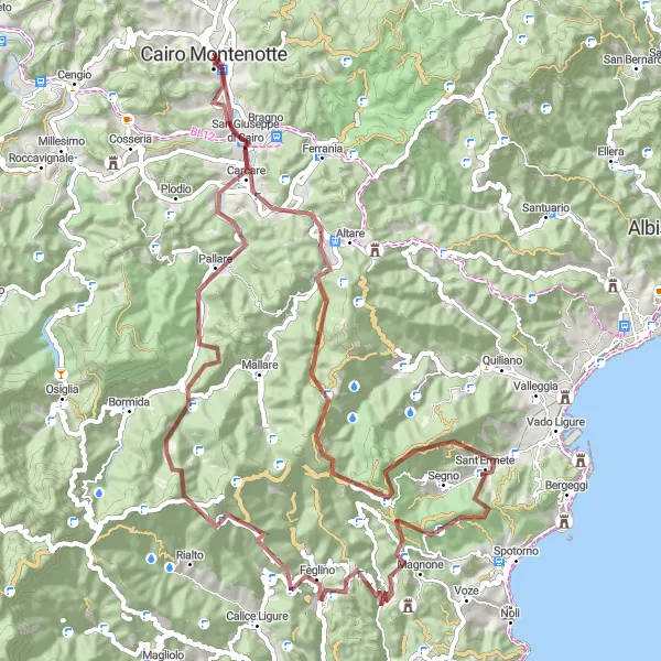 Miniatura della mappa di ispirazione al ciclismo "Cairo Montenotte - Carcare - Rocca degli Uccelli Round-trip" nella regione di Liguria, Italy. Generata da Tarmacs.app, pianificatore di rotte ciclistiche