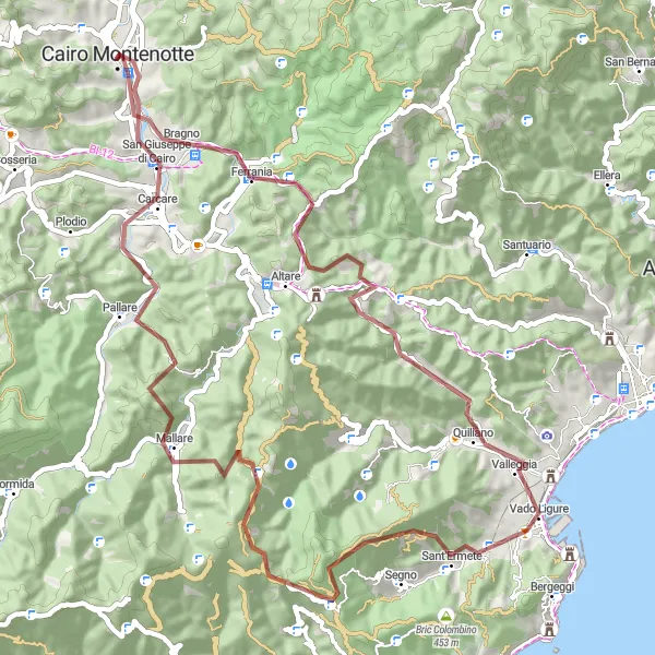 Miniatura della mappa di ispirazione al ciclismo "Tour in bicicletta gravel da Cairo Montenotte a Carcare" nella regione di Liguria, Italy. Generata da Tarmacs.app, pianificatore di rotte ciclistiche