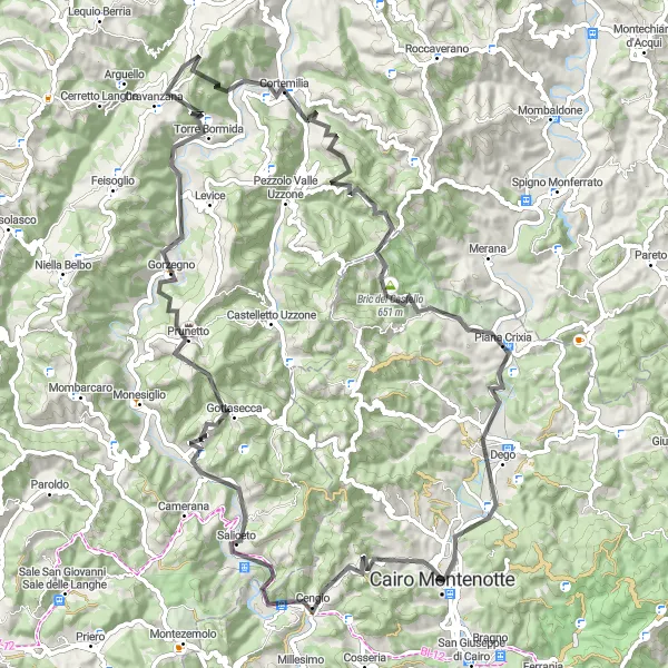 Karttaminiaatyyri "Cairo Montenotte - Cima dei Berti - Gorrino - Dego Loop" pyöräilyinspiraatiosta alueella Liguria, Italy. Luotu Tarmacs.app pyöräilyreittisuunnittelijalla