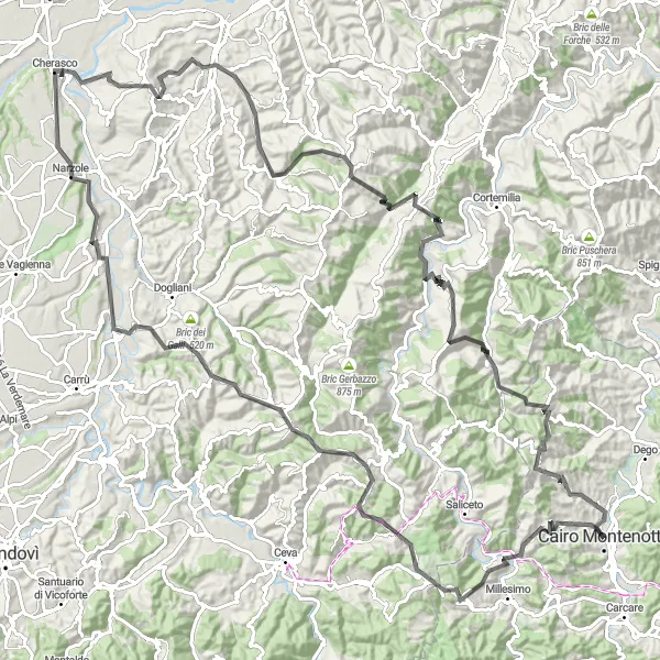 Zemljevid v pomanjšavi "Krožna kolesarska pot od Cairo Montenotte preko Langhe" kolesarske inspiracije v Liguria, Italy. Generirano z načrtovalcem kolesarskih poti Tarmacs.app
