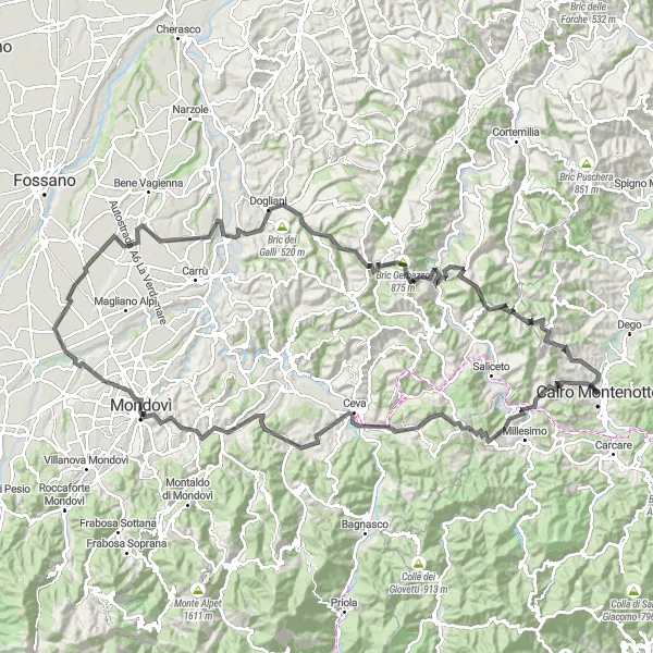 Miniatura della mappa di ispirazione al ciclismo "Giro ciclistico intorno a Cairo Montenotte attraverso la Liguria" nella regione di Liguria, Italy. Generata da Tarmacs.app, pianificatore di rotte ciclistiche