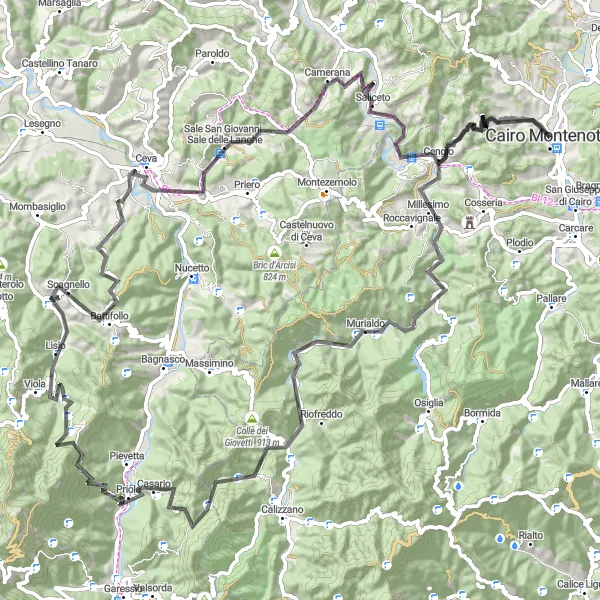 Miniatua del mapa de inspiración ciclista "Ruta de carretera a Cairo Montenotte" en Liguria, Italy. Generado por Tarmacs.app planificador de rutas ciclistas