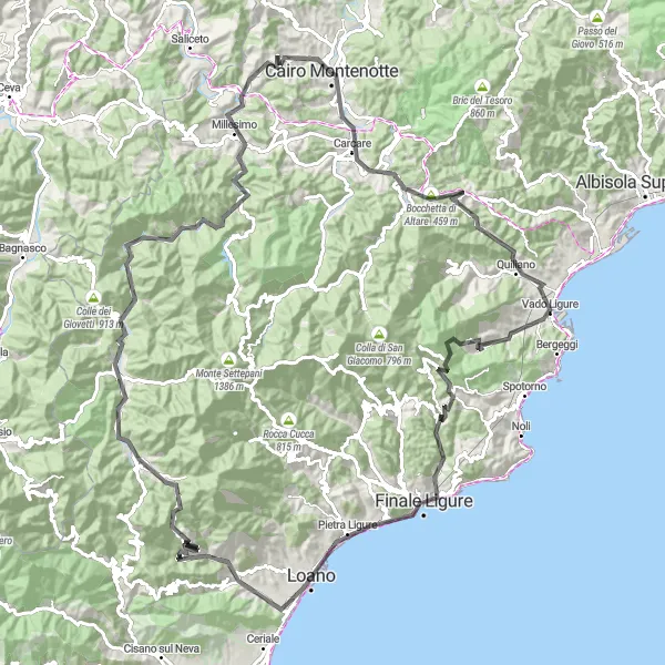 Miniatua del mapa de inspiración ciclista "Ruta de ciclismo en carretera cerca de Cairo Montenotte" en Liguria, Italy. Generado por Tarmacs.app planificador de rutas ciclistas