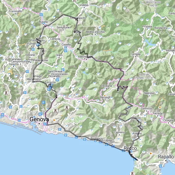 Karttaminiaatyyri "Monte Chiappa ja ympäröivät maisemat" pyöräilyinspiraatiosta alueella Liguria, Italy. Luotu Tarmacs.app pyöräilyreittisuunnittelijalla