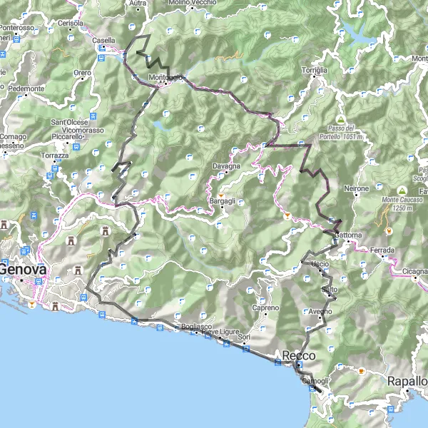 Map miniature of "Camogli to Monte Esoli Road" cycling inspiration in Liguria, Italy. Generated by Tarmacs.app cycling route planner