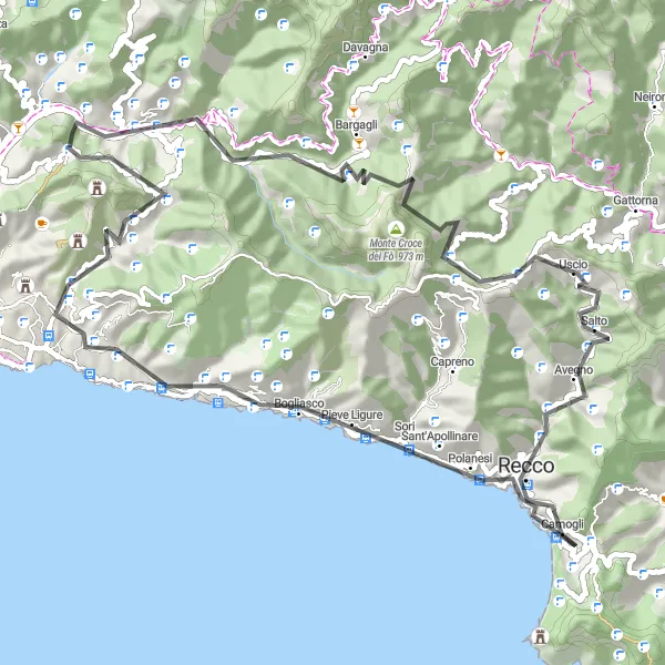 Karttaminiaatyyri "Monte Croce dei Fò ja ympäröivät maisemat" pyöräilyinspiraatiosta alueella Liguria, Italy. Luotu Tarmacs.app pyöräilyreittisuunnittelijalla