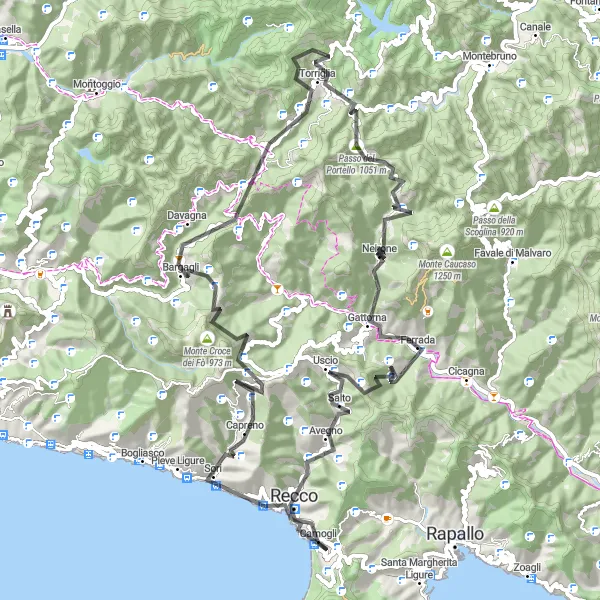 Zemljevid v pomanjšavi "Camogli - Monte Esoli - Gattorna - Camogli" kolesarske inspiracije v Liguria, Italy. Generirano z načrtovalcem kolesarskih poti Tarmacs.app