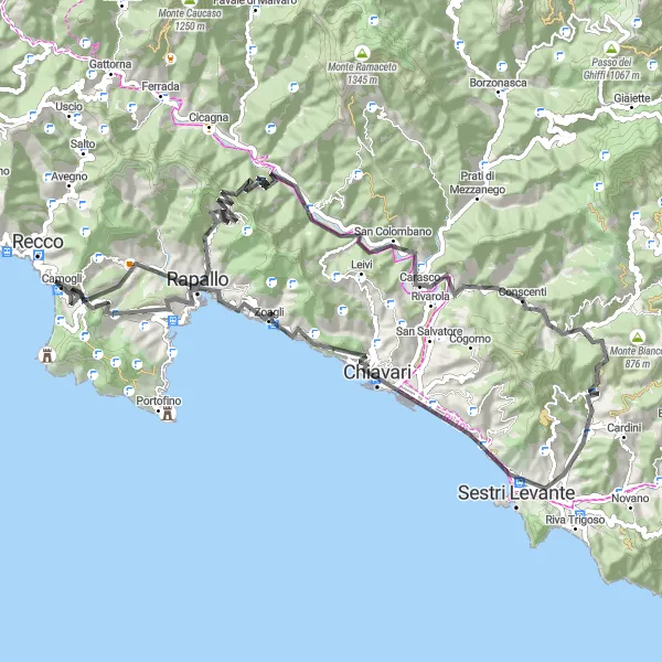 Miniaturní mapa "Road Cycling around Camogli and Sestri Levante" inspirace pro cyklisty v oblasti Liguria, Italy. Vytvořeno pomocí plánovače tras Tarmacs.app