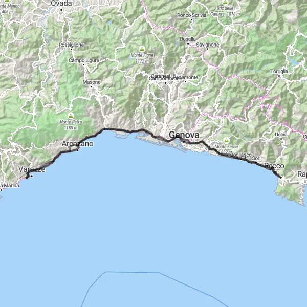 Miniatua del mapa de inspiración ciclista "Ruta de Aventura de Camogli a Poggio Montone" en Liguria, Italy. Generado por Tarmacs.app planificador de rutas ciclistas