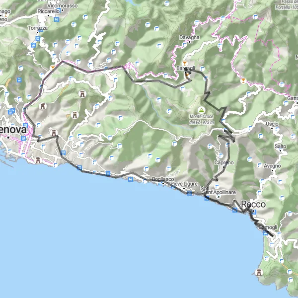 Mapa miniatúra "Pretek k Monte Santa Croce a Monte Croce di Pinasco" cyklistická inšpirácia v Liguria, Italy. Vygenerované cyklistickým plánovačom trás Tarmacs.app