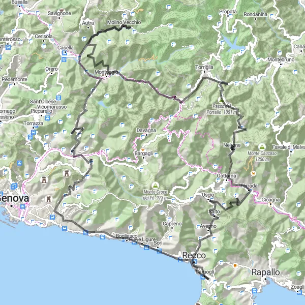 Miniaturní mapa "Cyklovýlet z Camogli - Monte Santa Croce" inspirace pro cyklisty v oblasti Liguria, Italy. Vytvořeno pomocí plánovače tras Tarmacs.app