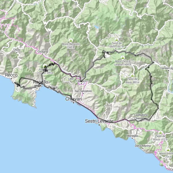 Miniature de la carte de l'inspiration cycliste "Aventure sur les Routes de Rapallo" dans la Liguria, Italy. Générée par le planificateur d'itinéraire cycliste Tarmacs.app
