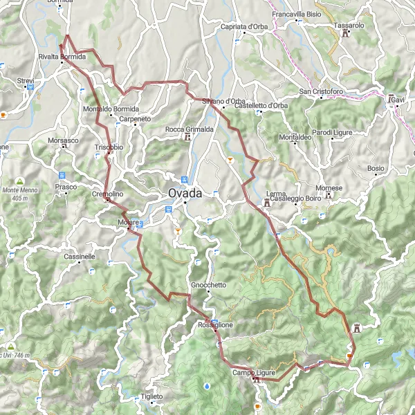 Map miniature of "Campo Ligure to Capanne di Marcarolo Gravel Route" cycling inspiration in Liguria, Italy. Generated by Tarmacs.app cycling route planner