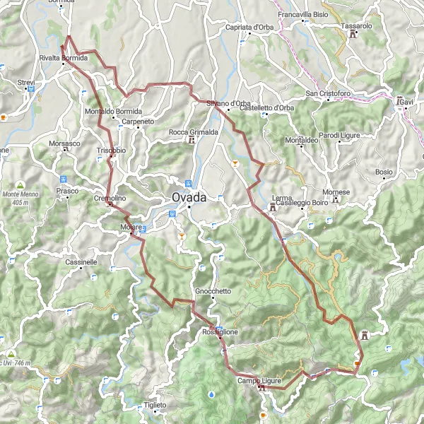 Karttaminiaatyyri "Campo Ligure - Le Ciazze - Trisobbio - Silvano d'Orba - Capanne di Marcarolo - Bric dei Ladri - Campo Ligure" pyöräilyinspiraatiosta alueella Liguria, Italy. Luotu Tarmacs.app pyöräilyreittisuunnittelijalla