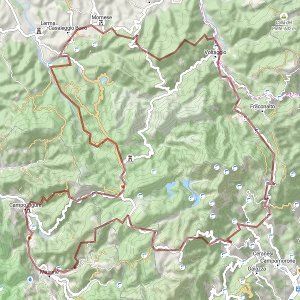 Map miniature of "Campo Ligure to Monte Pracaban Gravel Route" cycling inspiration in Liguria, Italy. Generated by Tarmacs.app cycling route planner