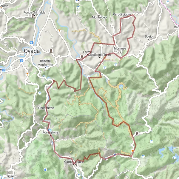 Mapa miniatúra "Scenic gravel ride near Campo Ligure" cyklistická inšpirácia v Liguria, Italy. Vygenerované cyklistickým plánovačom trás Tarmacs.app