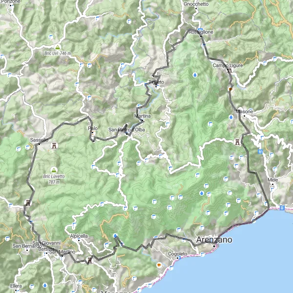 Karttaminiaatyyri "Campo Ligure - Masone - Belvedere Porta dei Givi - Lerca - Passo del Muraglione - Colette - Sassello - Rocca di Perudun - Martina - Monte Calvo - Rossiglione - Campo Ligure" pyöräilyinspiraatiosta alueella Liguria, Italy. Luotu Tarmacs.app pyöräilyreittisuunnittelijalla