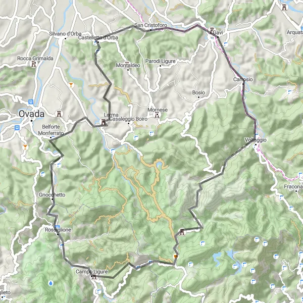 Map miniature of "Campo Ligure Hill Challenge" cycling inspiration in Liguria, Italy. Generated by Tarmacs.app cycling route planner