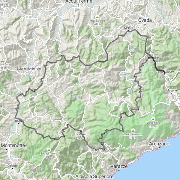Miniature de la carte de l'inspiration cycliste "Tour des sommets liguriens jusqu'à Monte Poggio" dans la Liguria, Italy. Générée par le planificateur d'itinéraire cycliste Tarmacs.app