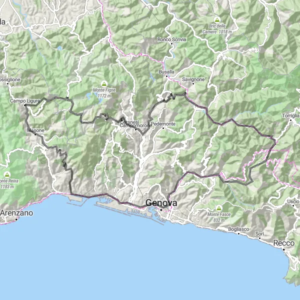 Miniaturní mapa "Cyklotrasa Monte Pracaban a okolí" inspirace pro cyklisty v oblasti Liguria, Italy. Vytvořeno pomocí plánovače tras Tarmacs.app