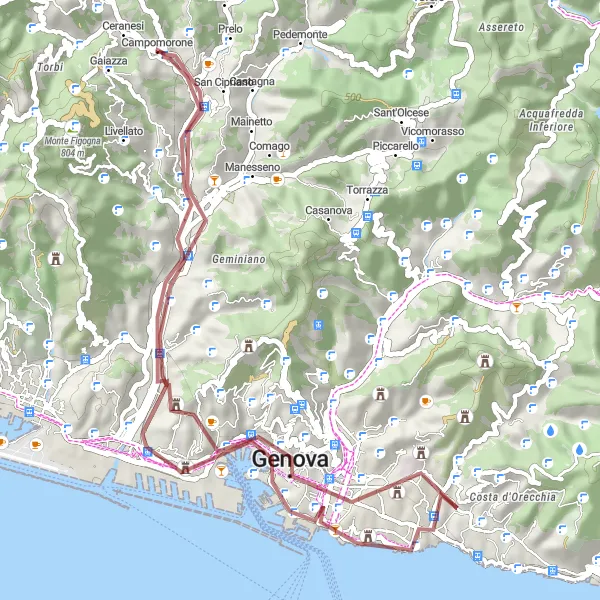 Miniatura della mappa di ispirazione al ciclismo "Giro in bicicletta Gravel a Genova e dintorni" nella regione di Liguria, Italy. Generata da Tarmacs.app, pianificatore di rotte ciclistiche