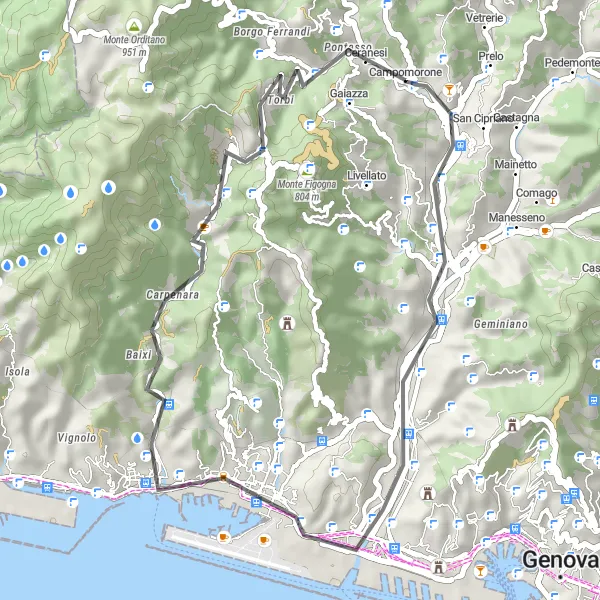 Miniatua del mapa de inspiración ciclista "Ruta de Ciclismo a Pontedecimo y más" en Liguria, Italy. Generado por Tarmacs.app planificador de rutas ciclistas