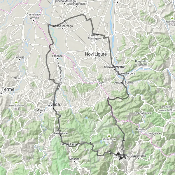 Kartminiatyr av "Scenisk resa till Serravalle Scrivia" cykelinspiration i Liguria, Italy. Genererad av Tarmacs.app cykelruttplanerare