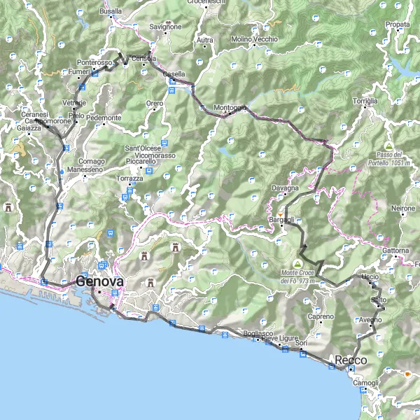 Karttaminiaatyyri "Välimeren rannikolta vuorille" pyöräilyinspiraatiosta alueella Liguria, Italy. Luotu Tarmacs.app pyöräilyreittisuunnittelijalla