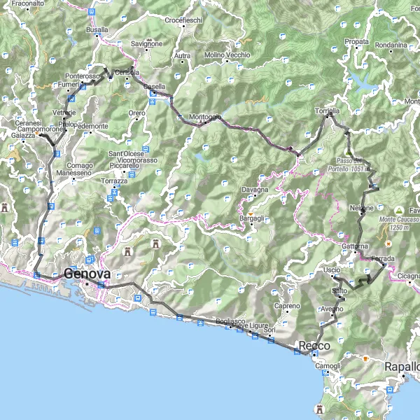 Kartminiatyr av "Challenging Road Cycling Loop Run från Campomorone" sykkelinspirasjon i Liguria, Italy. Generert av Tarmacs.app sykkelrutoplanlegger