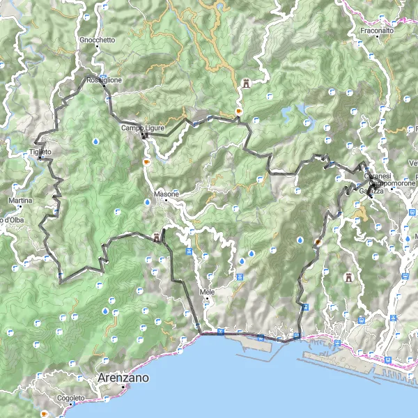 Miniatua del mapa de inspiración ciclista "Ruta de ciclismo de carretera por Campomorone" en Liguria, Italy. Generado por Tarmacs.app planificador de rutas ciclistas