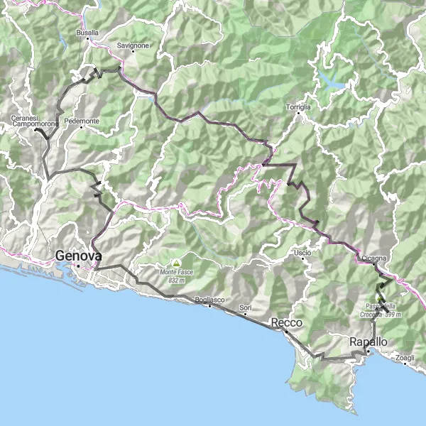 Mapa miniatúra "Cyklotrasa Campomorone - Passo dei Giovi - Rapallo - Camogli - Monte Santa Croce - Quarto dei Mille - Valico di Trensasco - Monte Bricchetto - Campomorone" cyklistická inšpirácia v Liguria, Italy. Vygenerované cyklistickým plánovačom trás Tarmacs.app