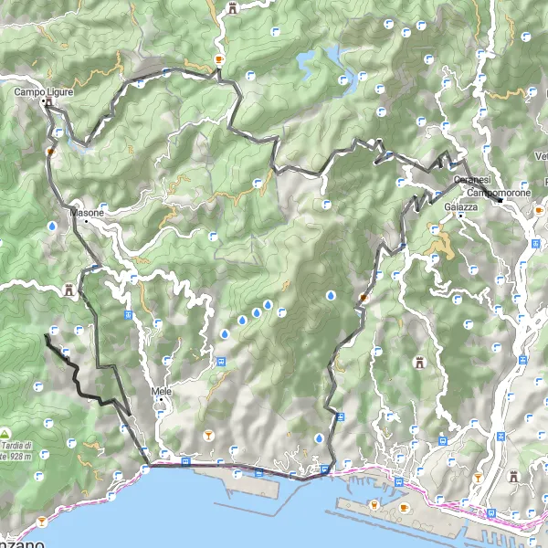 Miniatuurkaart van de fietsinspiratie "Rondrit van Campomorone naar Ceranesi en terug" in Liguria, Italy. Gemaakt door de Tarmacs.app fietsrouteplanner