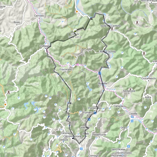 Mapa miniatúra "Cyklotrasa Campomorone - Ceranesi - Monte Carlo - Voltaggio - Monte Pagliaro - Isola del Cantone - Bric del Regno - Passo dei Giovi - Campomorone" cyklistická inšpirácia v Liguria, Italy. Vygenerované cyklistickým plánovačom trás Tarmacs.app