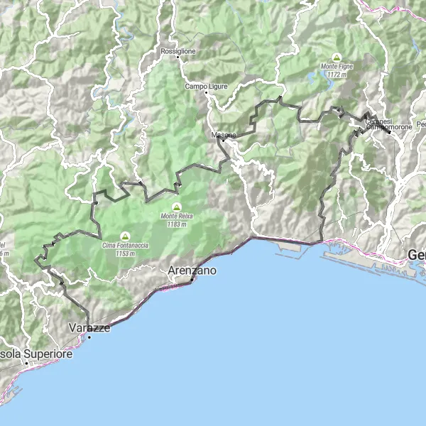 Kartminiatyr av "Upplev bergens skönhet och havets närhet" cykelinspiration i Liguria, Italy. Genererad av Tarmacs.app cykelruttplanerare