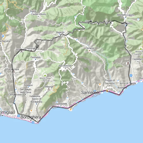 Map miniature of "The Ligurian High Road" cycling inspiration in Liguria, Italy. Generated by Tarmacs.app cycling route planner