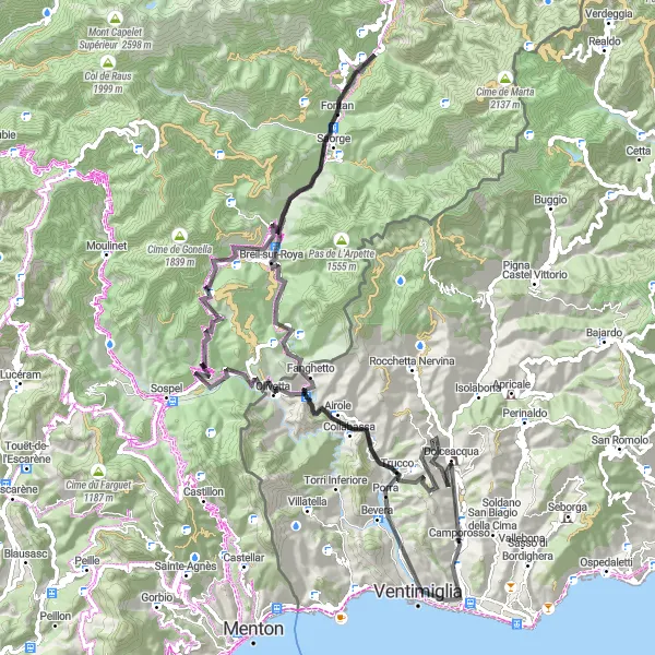 Map miniature of "The Ligurian Climbers' Challenge" cycling inspiration in Liguria, Italy. Generated by Tarmacs.app cycling route planner