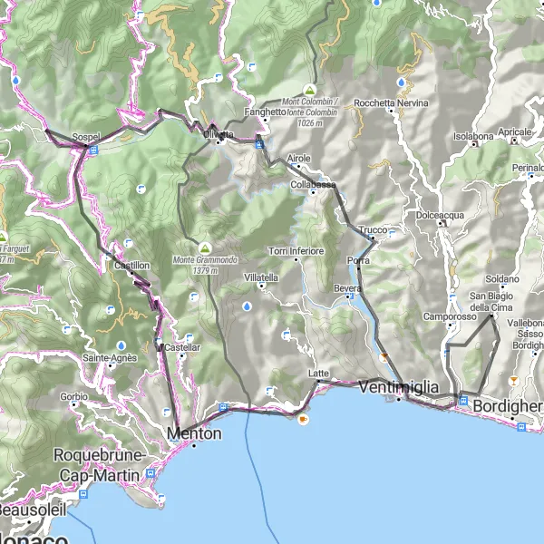 Kartminiatyr av "Gjennom Menton og Sospel" sykkelinspirasjon i Liguria, Italy. Generert av Tarmacs.app sykkelrutoplanlegger