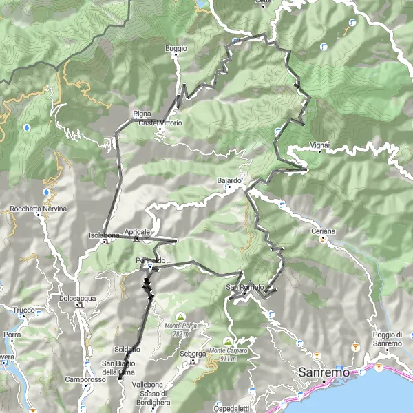 Map miniature of "Mountainous Circuit of Isolabona and Perinaldo" cycling inspiration in Liguria, Italy. Generated by Tarmacs.app cycling route planner