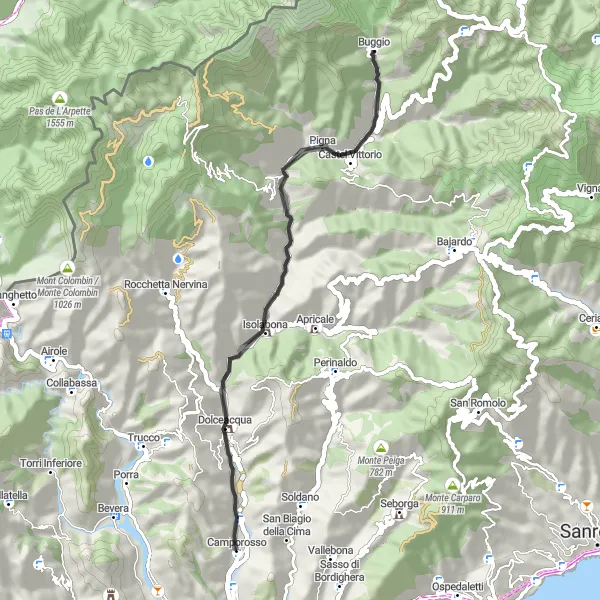 Miniature de la carte de l'inspiration cycliste "Exploration de Dolceacqua et ses environs" dans la Liguria, Italy. Générée par le planificateur d'itinéraire cycliste Tarmacs.app